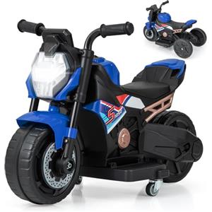RELAX4LIFE 2 in 1 Moto Elettrica per Bambini, Moto a Batteria con 3 Ruote/2 Ruote, 6V Ricaricabile, Faro LED, Musica e Clacson, per 18-36 Mesi, 38x74x48 cm (BLU)
