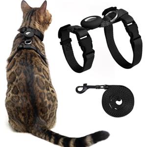 VKPETFR Set di pettorina e guinzaglio per gatti, a prova di fuga, regolabile, con supporto Airtag, per gatti di piccola e grande, imbracatura da viaggio leggera e morbida (nero)