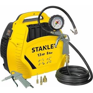 STANLEY Compressore Aria Portatile 8 Bar - Compressore 8Bar Senza Olio con Attrezzi Pneumatici - Incl. Tubo dell'Aria da 3M, Pistola ad Aria con Manometro e 3 Ugelli - Giallo