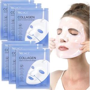 mysemgshuo 6 Pezzi Maschera Viso al Collagene, Bio Collagen Real Deep Mask, Idratazione Intensa, Film di collagene puro, Riduce le Linee Sottili e le Rughe, Minimizzare i Pori, Migliorare l'elasticità