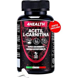 4HEALTH Acetil l Carnitina 120 Cps Vegetali (DIETA DIGITALE INCLUSA), Acetil Carnitina Ultra Pura 100%, Energizzante, Termogenico e Neuroprotettore -MADE IN ITALY E VEGAN-500mg