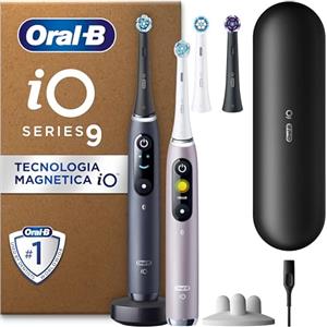 Oral-B Spazzolino Elettrico Ricaricabile iO 9 Nero e Rosa, 3 Testine di Ricambio, 1 Custodia da Viaggio Ricaricabile, Confezione Doppia, 2 Spazzolini