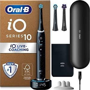 Oral-B Spazzolino Elettrico Ricaricabile iO 10, Sensore di Pressione, Display Interattivo, Intelligenza Artificiale con Live Coaching, 3 Testine, 1 Spazzolino, 1 Custodia da Viaggio, Nero, Idea Regalo