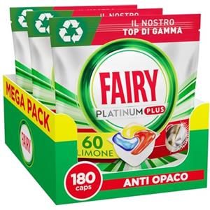 Fairy Platinum Detersivo Pastiglie Lavastoviglie Plus, 180 Capsule, Limone, Tecnologia Anti-Opaco Con Azione Brillantante, Contro Il Grasso E Le Incrostazioni Ostinate