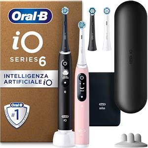 Oral-B Spazzolino Elettrico Ricaricabile iO 6 Nero e Rosa, 3 Testine di Ricambio, Confezione Doppia, 2 Spazzolini