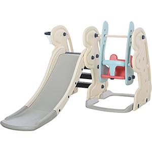 HOMCOM Scivolo 3 in 1 per Bambini con Altalena Regolabile, Canestro e Palle per Cameretta e Giardino, 160x220x120cm, Bianco, Azzurro e Grigio