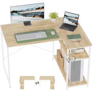 TRIUMPHKEY Scrivania ad Angolo Reversibile 110 x 80cm, Scrivania a Forma di L con Ripiani,Tavolo da Lavoro,Struttura in Acciaio, per Computer, Ufficio, Studio and Soggiorno, Beige