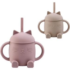 amo nenes 2 bicchieri per bambini con cannucce e manici, in silicone, senza BPA, per microonde e lavastoviglie, rosa/bianco (rosa)