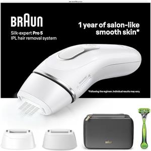 Braun Silk·expert Pro 5 Epilatore LUCE PULSATA, Epilazione A Casa, Alternativa All'Epilazione laser, Con Custodia, Rasoio Uomo Gillette, 2 Testine, Idea Regalo, Bianco/Oro, PL5145