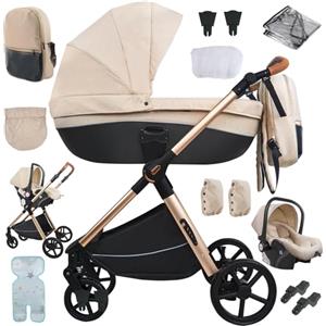 Sianldcone Passeggino 3 in 1 Trio Neonati, Tessuti di Alta Qualità Carrozzina per Neonato, Spinta Bidirezionale Passeggino Reversibile, Visione Aperta Passeggino Trolley (H2 Yellowish)