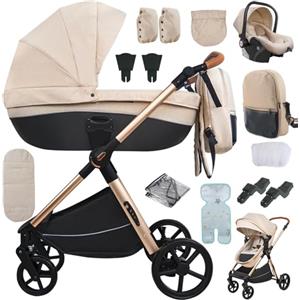 Sianldcone Passeggino 4 in 1 Trio Neonati, Tessuti di Alta Qualità Carrozzina per Neonato, Spinta Bidirezionale Passeggino Reversibile, Visione Aperta Passeggino Trolley (H2 Yellowish)