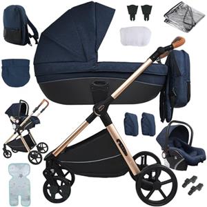 Sianldcone Passeggino 3 in 1 Trio Neonati, Tessuti di Alta Qualità Carrozzina per Neonato, Spinta Bidirezionale Passeggino Reversibile, Visione Aperta Passeggino Trolley (H2 Blue)