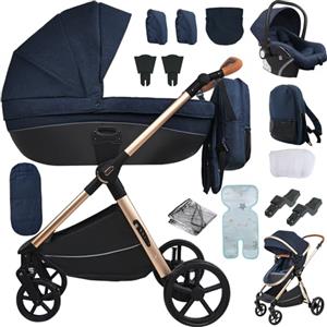 Sianldcone Passeggino 4 in 1 Trio Neonati, Tessuti di Alta Qualità Carrozzina per Neonato, Spinta Bidirezionale Passeggino Reversibile, Visione Aperta Passeggino Trolley (H2 Blue)