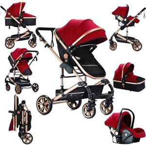 Sianldcone Passeggino 3 in 1 Trio Neonati, Tessuti di Alta Qualità Carrozzina per Neonato, Spinta Bidirezionale Passeggino Reversibile, Visione Aperta Passeggino Trolley (739 Red)