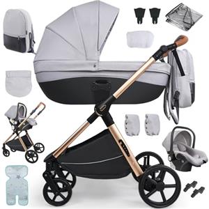 Sianldcone Passeggino 3 in 1 Trio Neonati, Tessuti di Alta Qualità Carrozzina per Neonato, Spinta Bidirezionale Passeggino Reversibile, Visione Aperta Passeggino Trolley (H2 Light Grey)