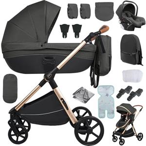 Sianldcone Passeggino 4 in 1 Trio Neonati, Tessuti di Alta Qualità Carrozzina per Neonato, Spinta Bidirezionale Passeggino Reversibile, Visione Aperta Passeggino Trolley (H2 Deep Grey)