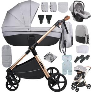 Sianldcone Passeggino 4 in 1 Trio Neonati, Tessuti di Alta Qualità Carrozzina per Neonato, Spinta Bidirezionale Passeggino Reversibile, Visione Aperta Passeggino Trolley (H2 Light Grey)