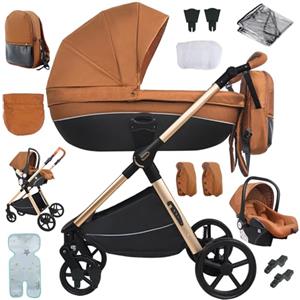 Sianldcone Passeggino 3 in 1 Trio Neonati, Tessuti di Alta Qualità Carrozzina per Neonato, Spinta Bidirezionale Passeggino Reversibile, Visione Aperta Passeggino Trolley (H2 Caramel)