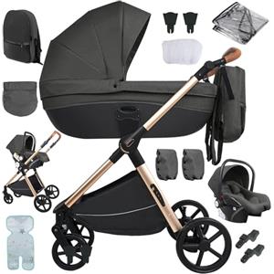 Sianldcone Passeggino 3 in 1 Trio Neonati, Tessuti di Alta Qualità Carrozzina per Neonato, Spinta Bidirezionale Passeggino Reversibile, Visione Aperta Passeggino Trolley (H2 Deep Grey)