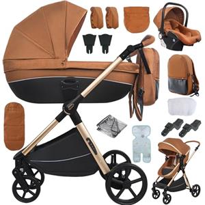 Sianldcone Passeggino 4 in 1 Trio Neonati, Tessuti di Alta Qualità Carrozzina per Neonato, Spinta Bidirezionale Passeggino Reversibile, Visione Aperta Passeggino Trolley (H2 Caramel)