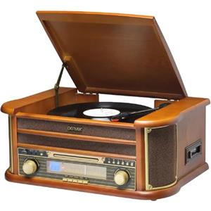 Denver MCR-50 - Giradischi Vintage Bluetooth con Lettore Vinili, Radio AM/FM, CD, Cassetta, USB MP3 - Giradischi Vinile con Casse Integrate - Gira Dischi per Vinili Retrò