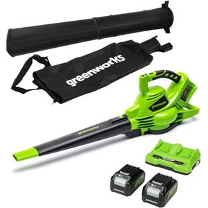 Greenworks 48V(2x24V) Aspirafoglie Soffiatore a Batteria con Tracolla, Motore Brushless, 322km/h, 9m³/min, Sacco di Raccolta 45L, 2 4Ah Batterie, e Caricabatterie, Garanzia 3 Anni GD24X2BVK4X