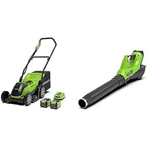 Greenworks Tools Tosaerba G40LM35 e Soffiatore di Foglie G40AB (Li-Ion 40V, 35cm Larghezza di Taglio, 500 m², 40L Raccoglierba 177 km/h, Regolazione Velocità, con 2 Batterie da 2 Ah e Caricabatteria)