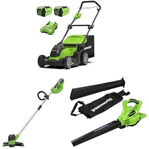 GreenWorks Bundle of Greenworks 40V 41 CM Tagliaerba a Batteria CON Due Batterie 40V 2Ah e 1 Caricabatterie-G40LM41K2X + Greenworks 40V Tagliabordi a Batteria G40LT + Greenworks GD40BV Aspiratore Soffiatore