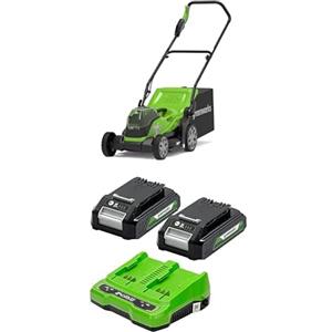 GreenWorks Bundle of Greenworks G24X2LM36 Tagliaerba a Batteria per Prati Fino a 420m², Ampiezza di Taglio 36cm + Greenworks Batterie 24V e Caricabatterie a Doppio Slot - GSK24B2X