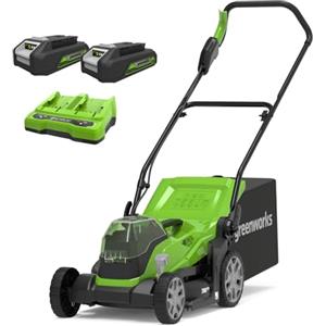 Greenworks 48V (2x24V) Tagliaerba a Batteria per Prati Fino a 210m², Ampiezza di Taglio 36cm, Sacca da 40L CON Due 24V 2Ah Batterie (Pari a 48V) & Caricabatterie Doppio, Garanzia 3 Anni, G24X2LM36K2X