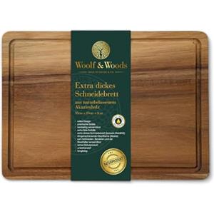 Woolf & Woods Tagliere in legno, extra spesso, prodotto naturale in acacacia, sostenibile, non trattato, tagliere da cucina e piatto da portata, 35 cm x 25 cm x 3 cm