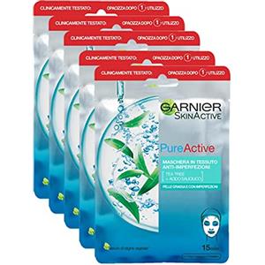 Garnier SkinActive, Maschera In Tessuto Anti-imperfezioni E Idratante Pure Active, Per Pelli Grasse Con Imperfezioni, Confezione Da 5