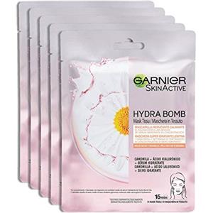 Garnier SkinActive, Maschera in tessuto super-idratante e lenitiva Hydra Bomb, Per pelli secche e sensibili, Camomilla, Confezione da 5