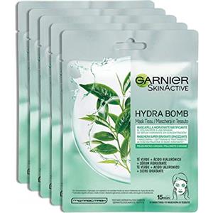 Garnier SkinActive, Maschera in tessuto super-idratante e opacizzante Hydra Bomb, Per pelli miste o grasse, Tè verde, Confezione da 5