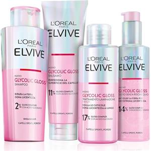 L'Oréal Paris Elvive Routine con Shampoo, Balsamo, Trattamento Laminazione 5 Minuti e Siero Senza Risciacquo, Per Capelli Spenti e Porosi, Luminosità Intensa, Con Acido Glicolico, Glycolic Gloss