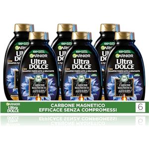 Garnier Ultra Dolce Carbone Magnetico, Multi Pack x6 Shampoo Idratante e Purificante, 94% Origine Naturale, Per Cute Grassa e Lunghezze Secche, Senza Siliconi, 300 ml