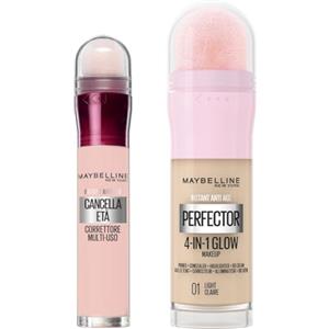 Maybelline New York, Kit con Correttore Multiuso Cancella Età, Tonalità: 05 Brightener + Fondotinta Illuminante Instant Perfector 4 in 1, Tonalità: 01 Light