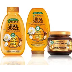 Garnier Ultra Dolce Routine Completa Gli Oli Meravigliosi, Kit con Shampoo + Balsamo + Maschera, Ideale Per Capelli Secchi e Spenti, Con Olio di Argan e Camelia