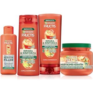 Garnier Fructis, Kit Ripara&Rinforza, Con Trattamento, Shampoo, Balsamo e Maschera, Per Tutti i Capelli Danneggiati, Con Cheratina Riparatrice, Per Capelli Più Forti, Keratin Filler