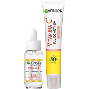 Garnier Kit SkinActive Siero Illuminante e Rimpolpante Anti-Macchie con Vitamina C, e Fluido Anti-UV Quotidiano Anti-Macchie, Effetto Glow Con SPF 50+, Pelle Uniforme e Radiosa, 30 ml + 40 ml