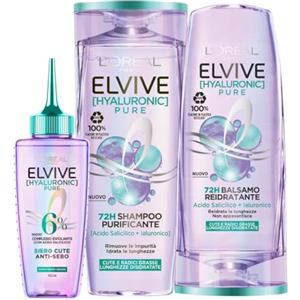 L'Oréal Paris Elvive Routine Purificante per Capelli Grassi, Kit con Siero Anti-Sebo, Shampoo Anti-Impurità, e Balsamo Reidratante per le Lunghezze, Con Acido Salicilico e Ialuronico, Hyaluronic Pure