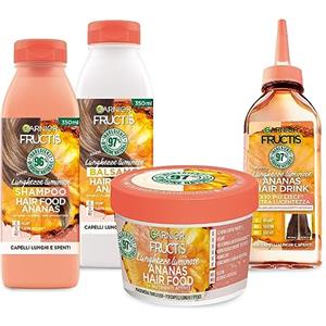 Garnier Fructis Hair Food Ananas, Kit con Shampoo, Acqua Lamellare, Balsamo e Maschera, Per Capelli Lunghi e Spenti, Lunghezze Luminose, Fino al 97% di Ingredienti di Origine Naturale, Senza Siliconi