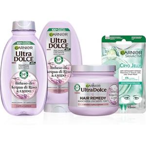 Garnier Ultra Dolce & Skinactive, Routine Completa Infuso di Acqua di Riso & Amido, Kit con Shampoo 300 ML, Balsamo 250 ML, Maschera 340 ML e Maschera Occhi Cryo Jelly, 5g