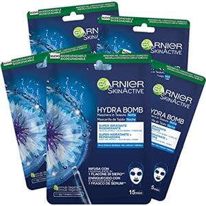 Garnier Maschera in Tessuto Skin Active Hydra Bomb Notte, Idratante e Rigenerante, Con Acido Ialuronico, Acqua Marina e Fiordalisio, Per Pelli Stanche e Sensibili, Confezione da 5