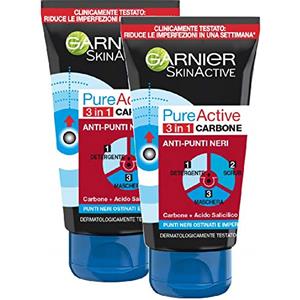 Garnier SkinActive, Trattamento anti punti neri 3 in 1 Carbone PureActive, Pelli grasse e punti neri ostinati, Confezione da 2