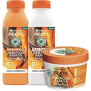 Garnier Fructis Hair Food Papaya Riparatrice, Kit con Shampoo, Balsamo e Maschera per Capelli Danneggiati, Fino al 98% di Ingredienti di Origine Naturale, Senza Siliconi