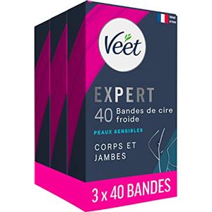 Veet Expert - Set di 120 strisce di cera fredda per corpo e gambe, per pelli sensibili