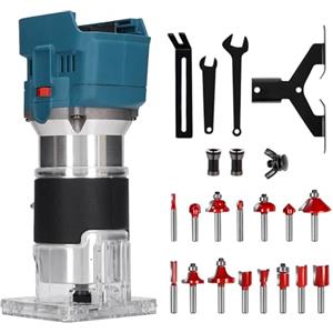 JUDANNA Fresa professionale a batteria, fresatrice per bordi a batteria, fresa per legno, fresa per legno, 800 W e 15 pezzi, fresa in metallo duro da 6,35 mm (per Makita 18 V, motore brushless, consegna senza