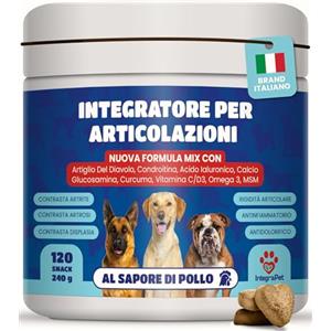 Integrapet Integratore Articolazioni cane-120 Snack Naturali di Joint Care, Integratori per Cani con Glucosamina, Condroitina, Artiglio del Diavolo, Collagene, Acido Ialuronico-Brand Italiano