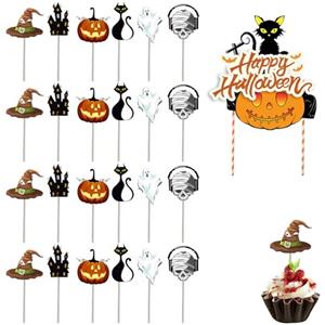 DHWEKU Halloween Torta Topper - 25 Pezzi: 1 Grande e 24 Cupcake Topper - Decorazione per Dolci di Halloween
